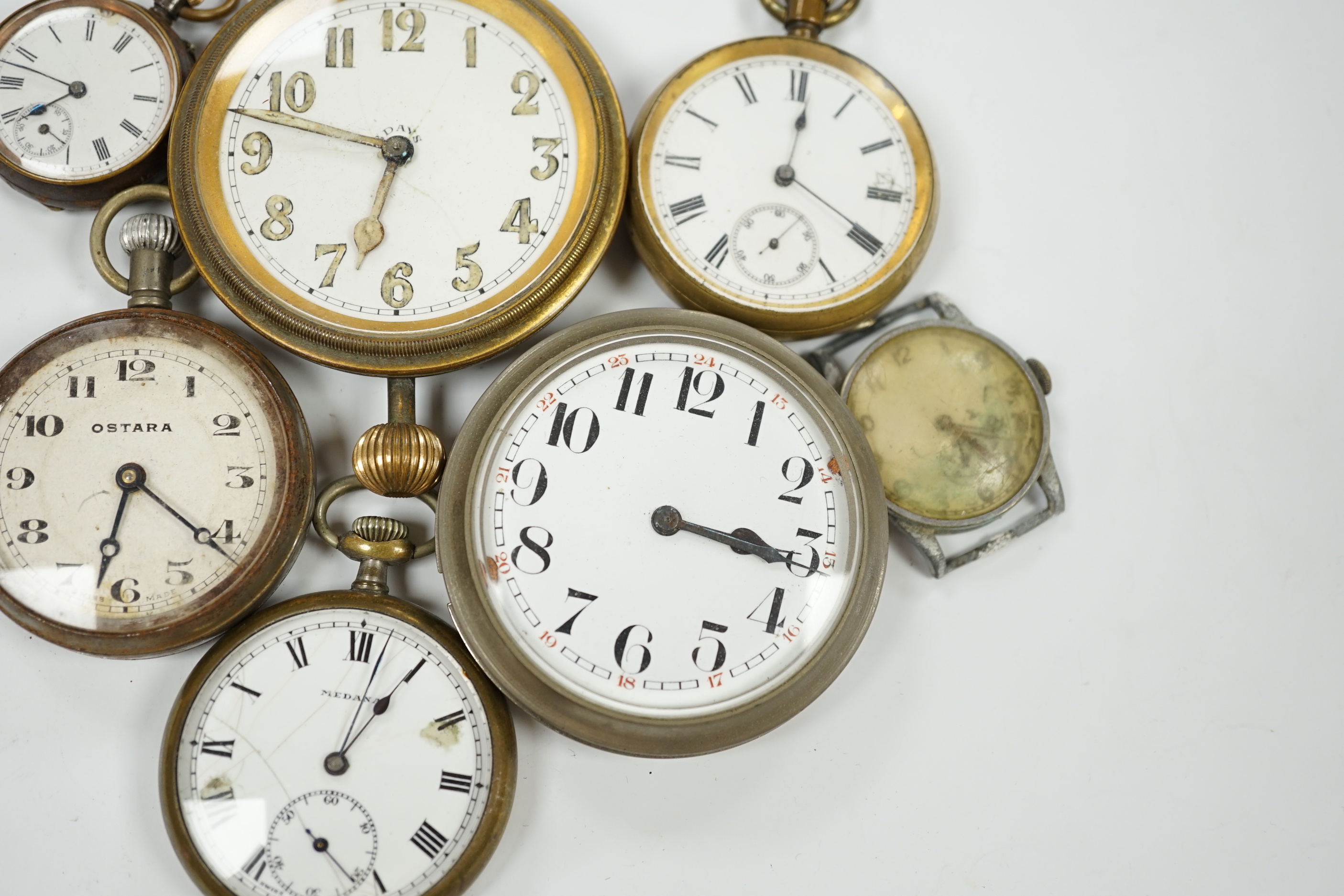 Seven assorted base metal timepieces including Ostara and Medana.